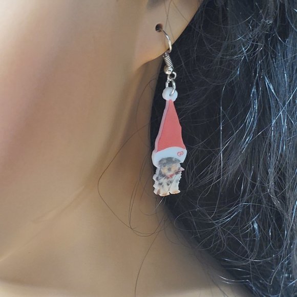 Yorkshire Terrier Puppy Earrings - Santa Hat - 2D - Double Sided - Picture 4 of 8